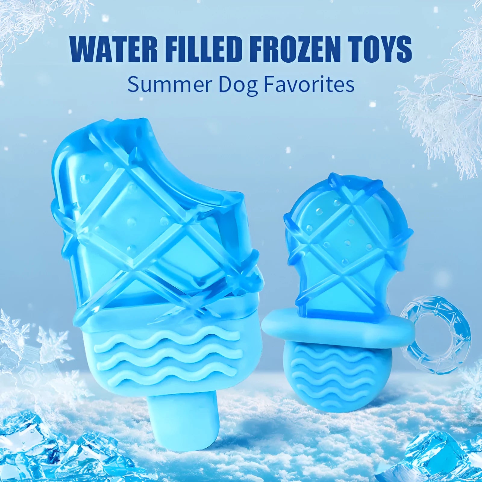 Set of three water-filled ice dog toys: a pacifier, a popsicle, and a ring cooling chew toy