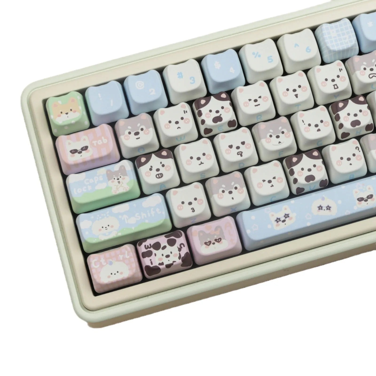 Colourful cat and puppy themed PBT key cap set for mechanical keyboards with cartoon animal artwork