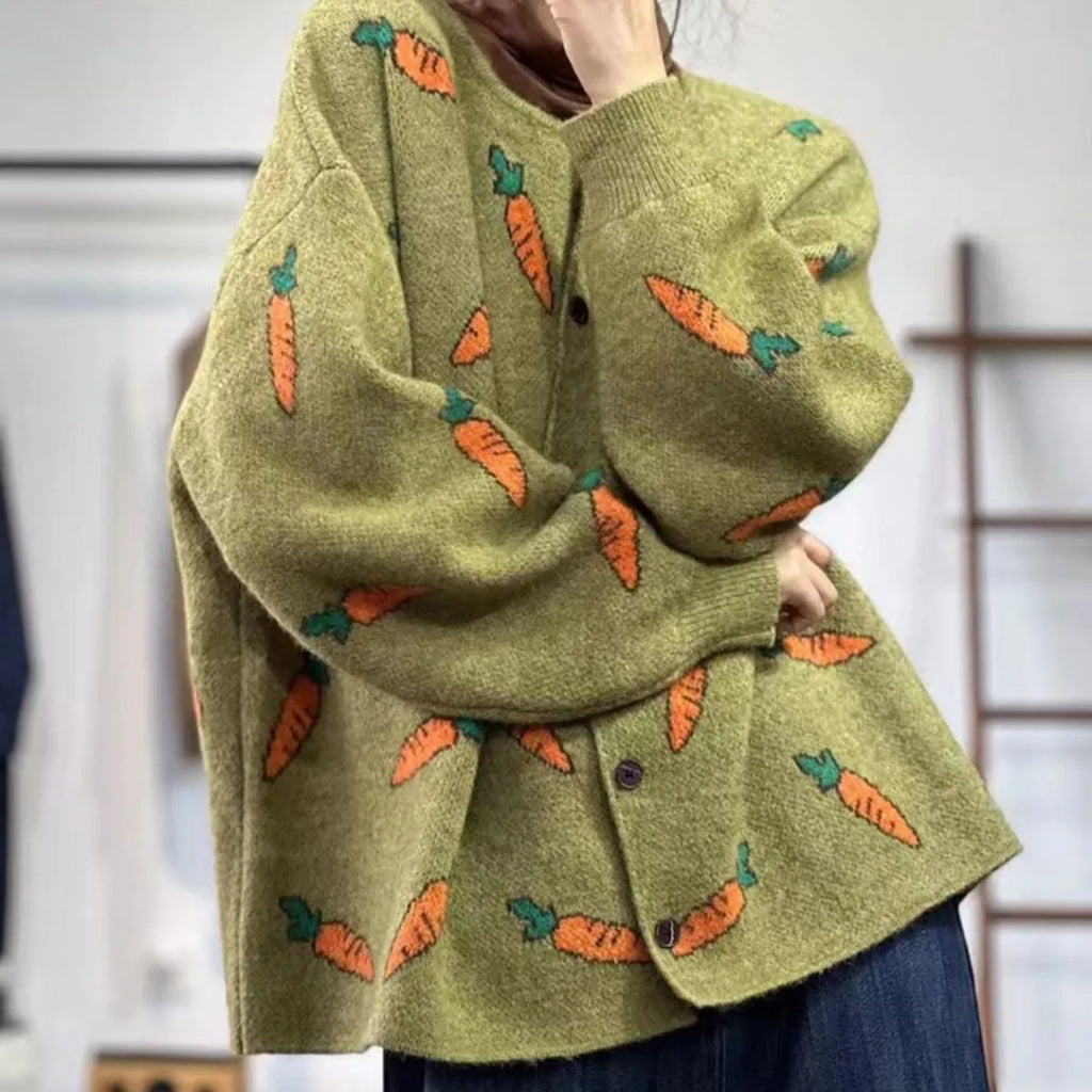 Loose viscose cardigan sweater with mori artistic printing in colour contrast pattern, round neck and regular sleeves