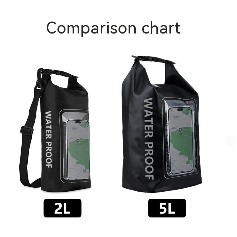 Army Green PVC waterproof crossbody bag with strap, shown in 2L and 5L sizes for swimming and beach use.