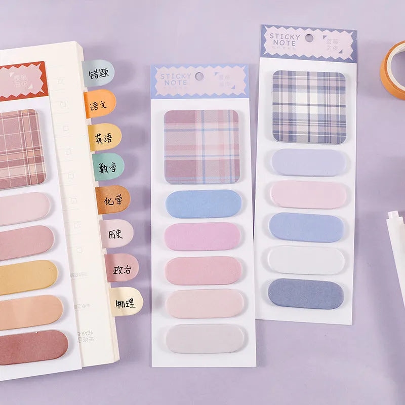 Colourful memo pad sticky notes set showing six plaid designs with 67mm x 200mm sheets