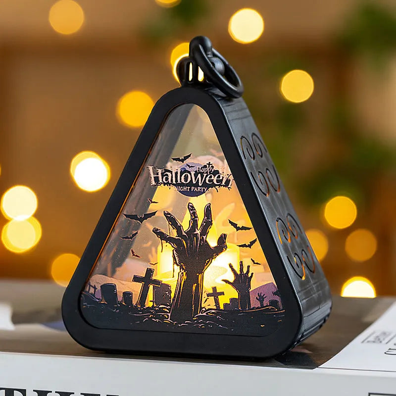 Halloween pumpkin lamp decoration in plastic and glass measuring 8.9 by 5.2 by 11.5 cm