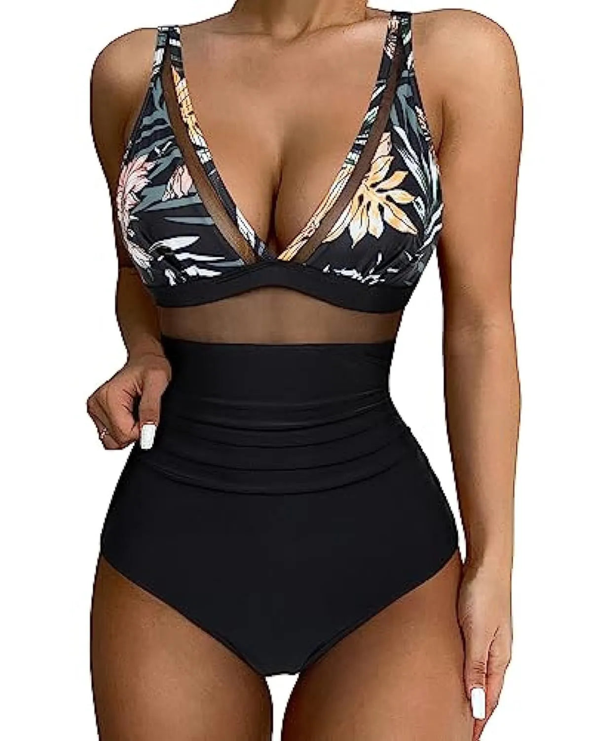 Women's high waist one-piece swimsuit in quick-drying polyester available in multiple colours and sizes