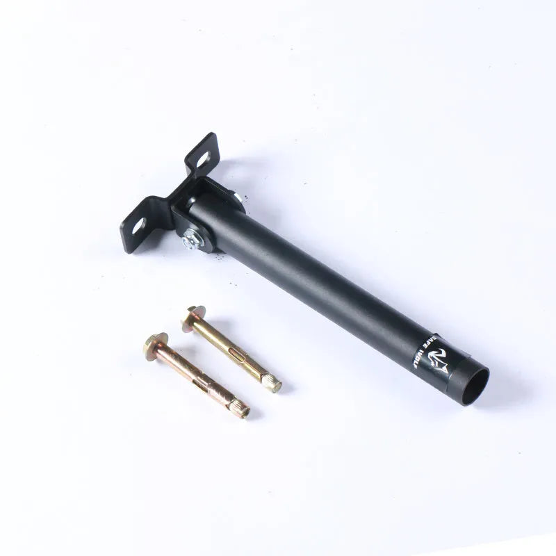 Steel wall-mounted rack holding multiple barbell bars or tubes