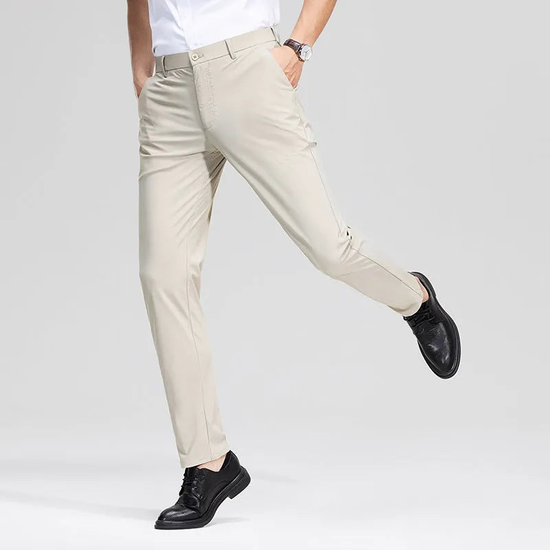 Summer men's ice silk thin straight-leg suit pants in solid colour, cotton nylon non-iron fabric