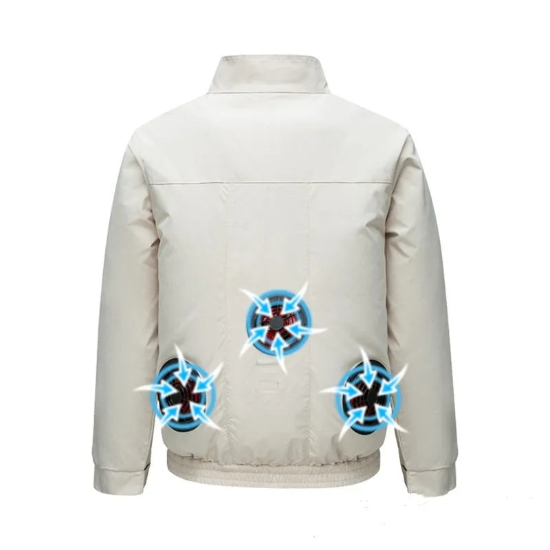 Men's black smart air conditioning work jacket with ventilation holes and integrated fan system