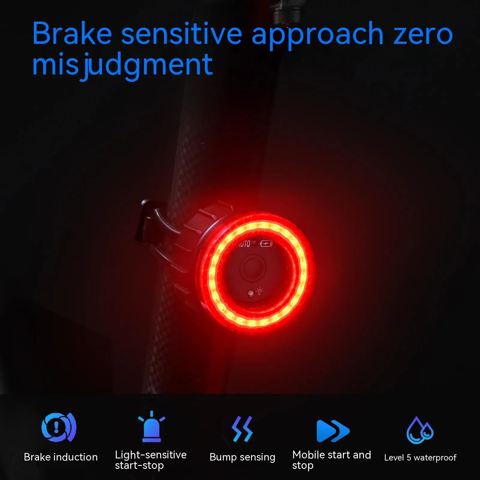 Black intelligent induction bicycle brake taillight with seat tube mounting bracket