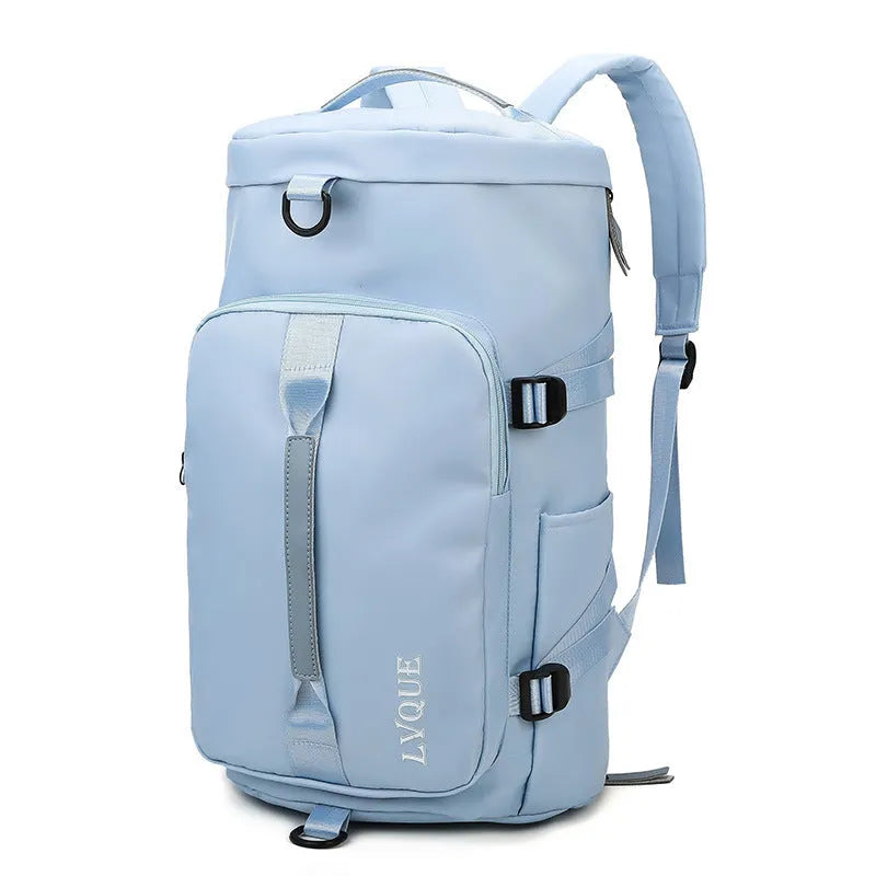 Black waterproof nylon backpack with combination lock, shown as a backpack and shoulder bag, featuring multiple pockets.