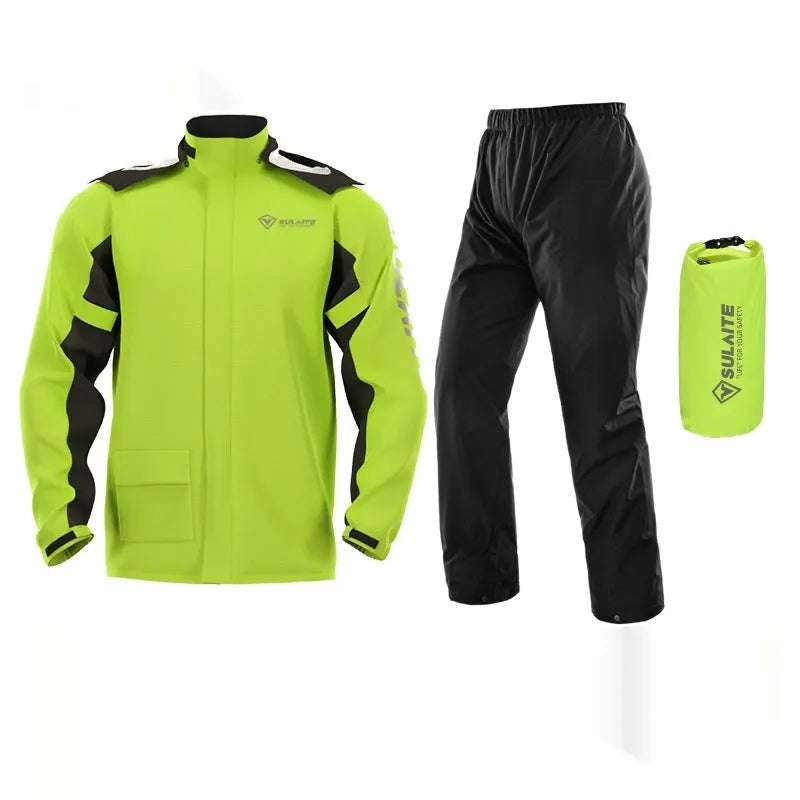 Motorcycle rain suit set with raincoat, rain pants, hidden shoe covers and storage bag