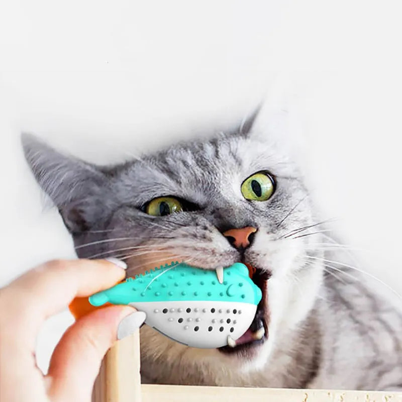 Blue silicone fish-shaped cat chew toy measuring 12.2 cm with catnip attractant