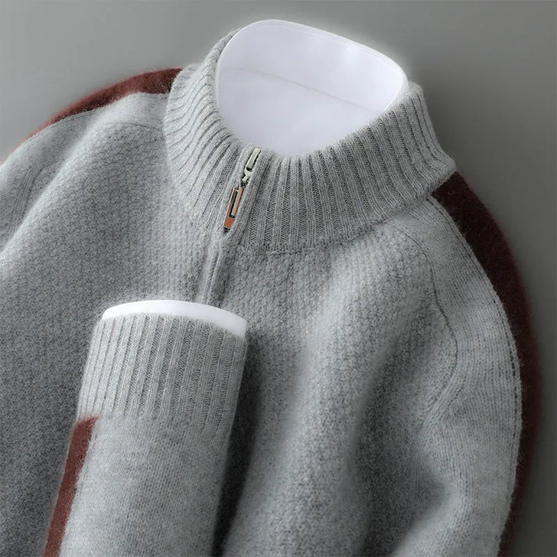 Sheep wool slim fit sweater with half-height zip in Raw Velvet Camel colour on hanger
