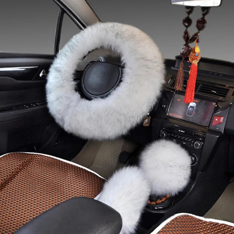 Wool and cashmere blend steering wheel cover and two matching handle covers set for 38cm diameter wheels.