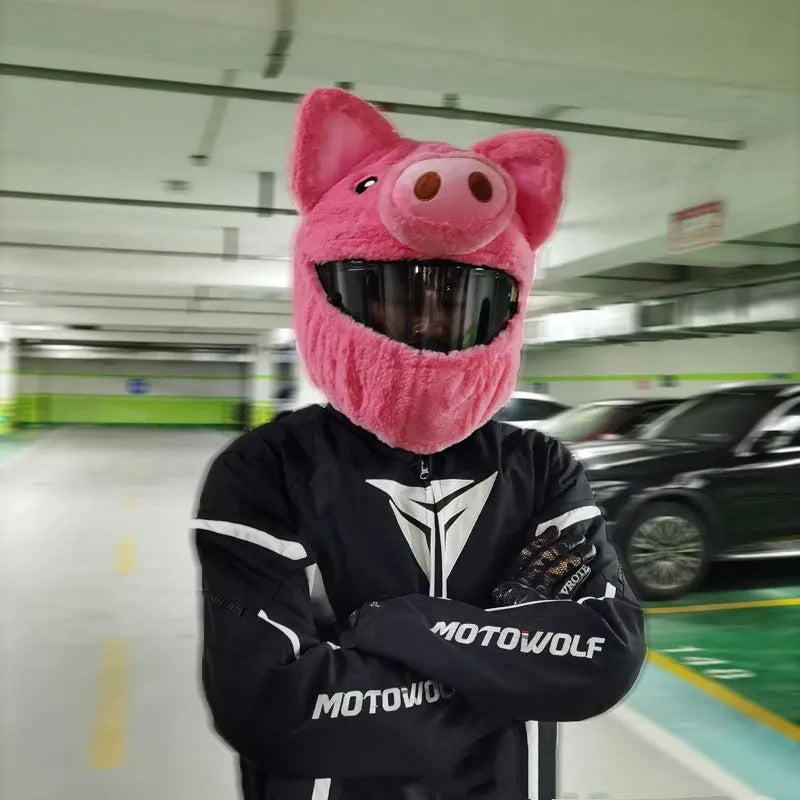 Pink pig cartoon plush helmet liner made of PV velvet cloth for motorcycle use