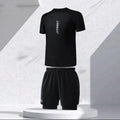 Men's plus size polyester swimsuit set showing top and trousers on a hanger