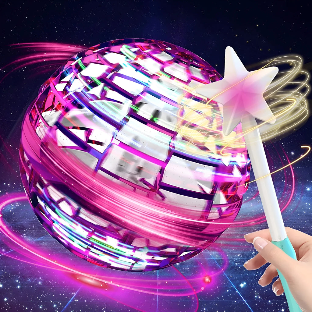 Blue LED spinning flying ball toy and magic wand set on a neutral background.