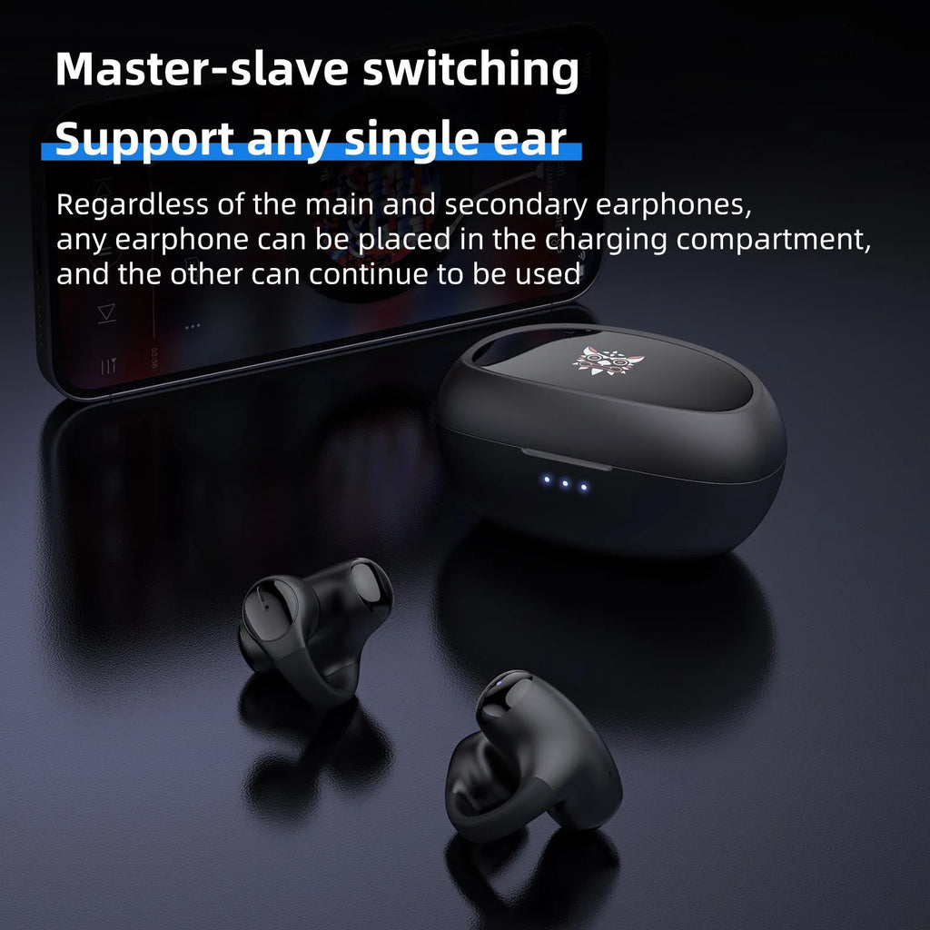 Black and white wireless clip-on sports gaming headset with ear hook design
