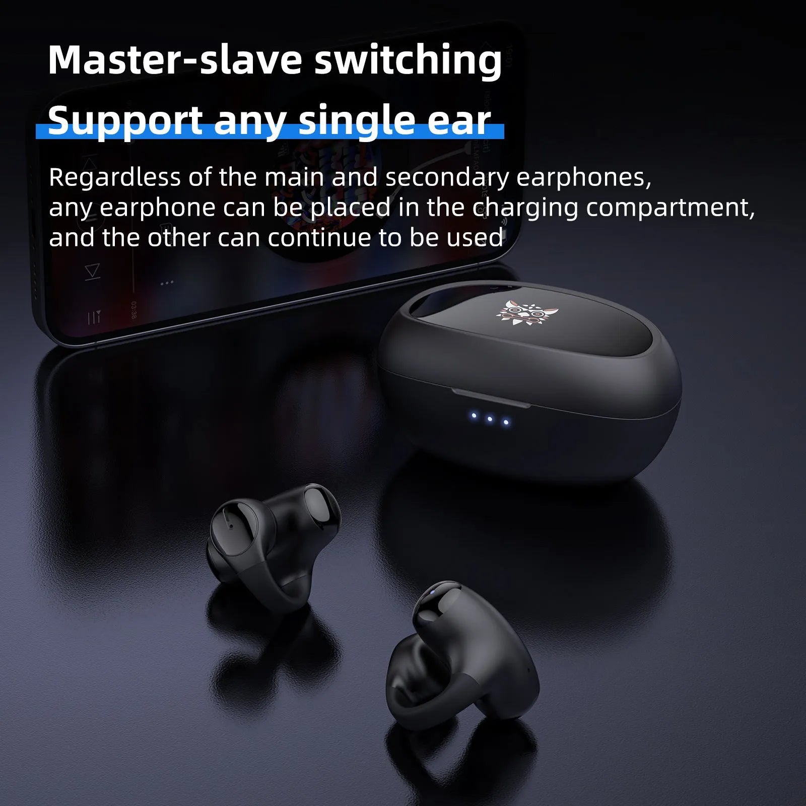Black and white wireless clip-on sports gaming headset with ear hook design