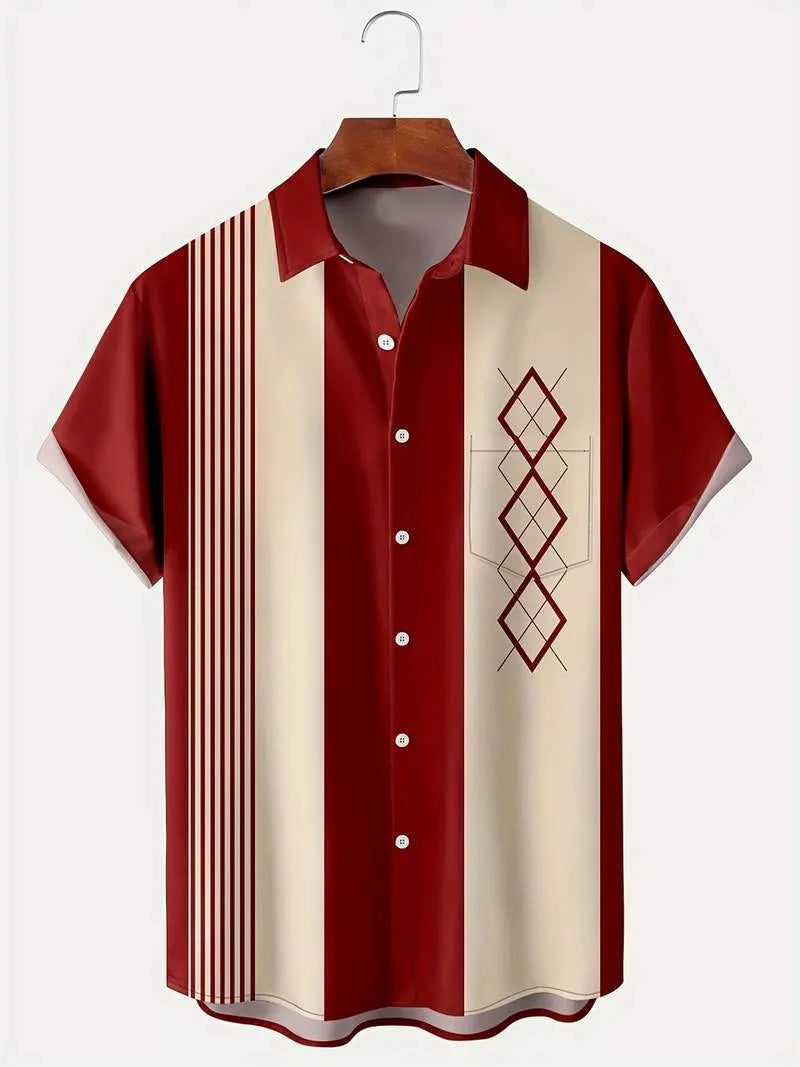 Men's loose plaid short-sleeve shirt with lapel collar on a hanger