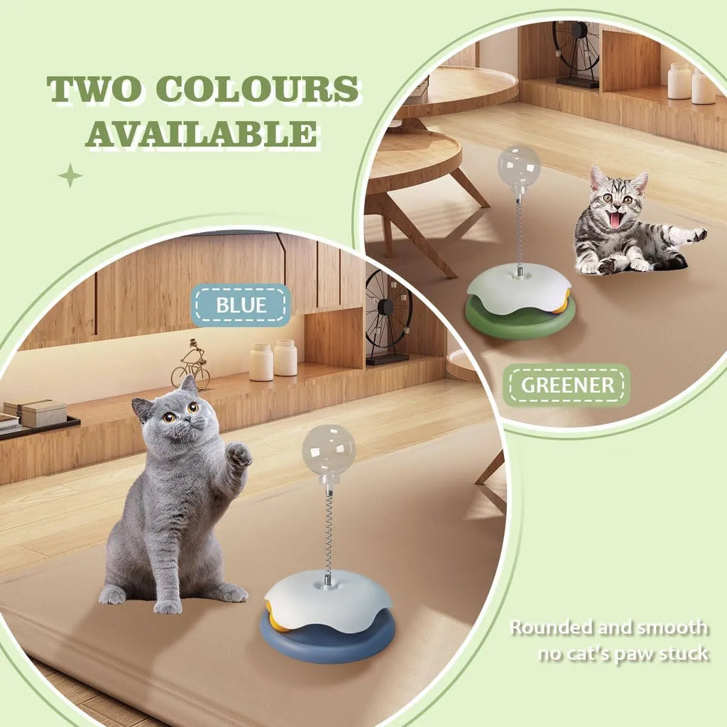 Blue cat treat dispenser toy with track ball showing slow feeder function and rounded edges