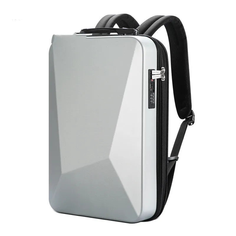 Large black PC hard shell gaming backpack with dual shoulder straps and a lock closure.