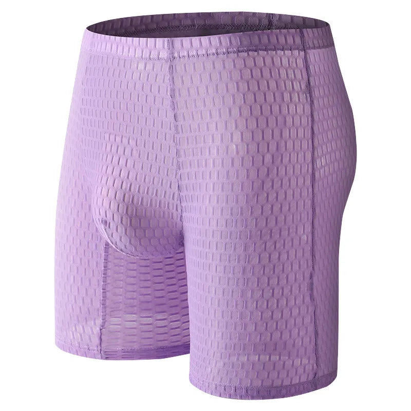 Men's solid colour lace boxers with a lengthened hip-lifting shaping design on a size chart.