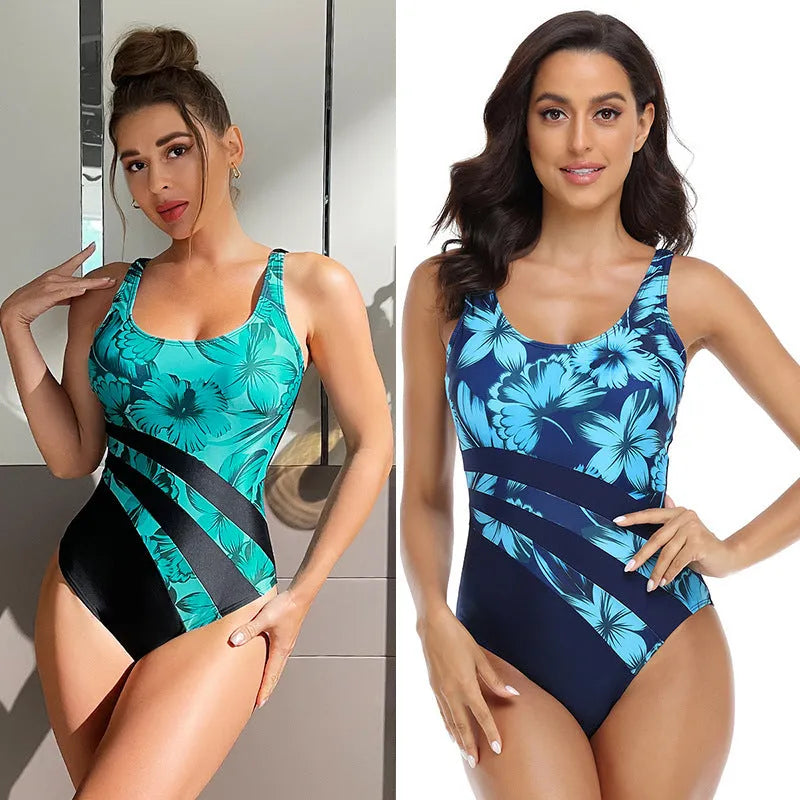 Women's blue and green conservative briefs one-piece swimsuit with tight printed design