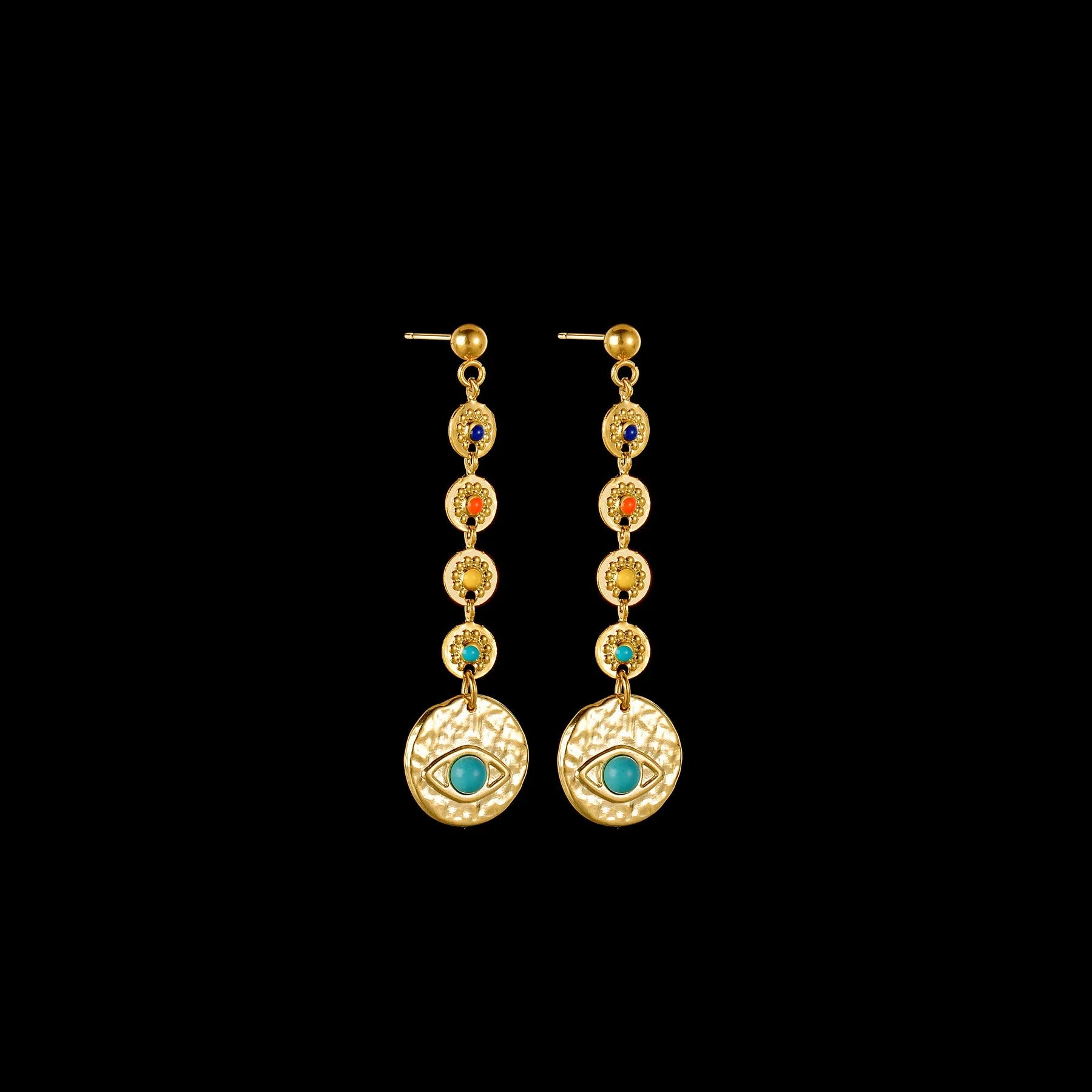Geometric stainless steel drop earrings showing star, eye and shell sun designs for pierced ears