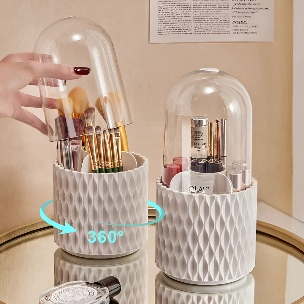 White rotating acrylic makeup brush storage box with transparent dustproof lid on dressing table