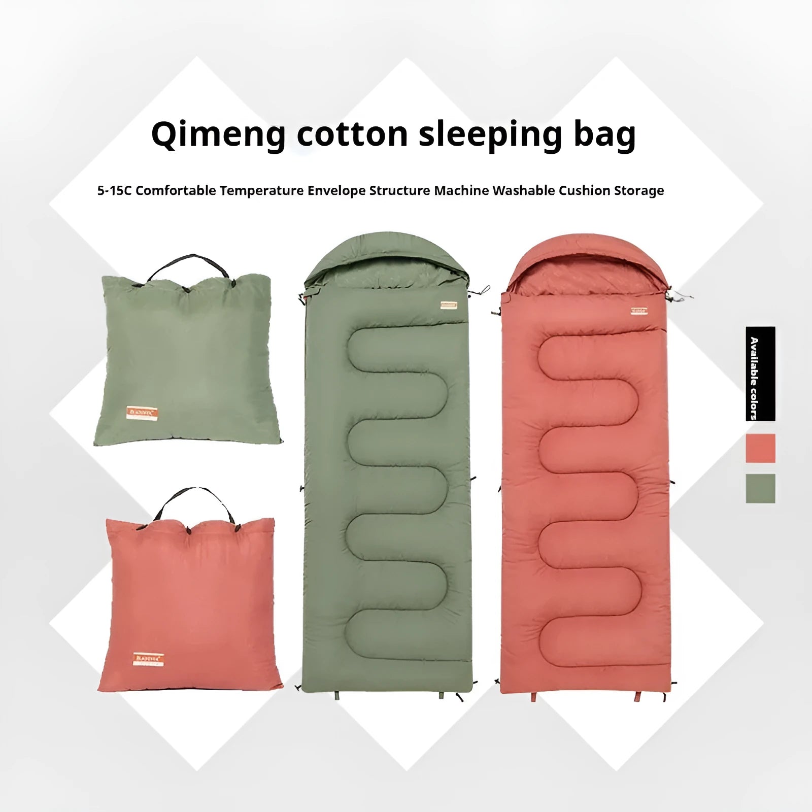 Outdoor cotton sleeping bag in ochre or olive green colour folded for portability