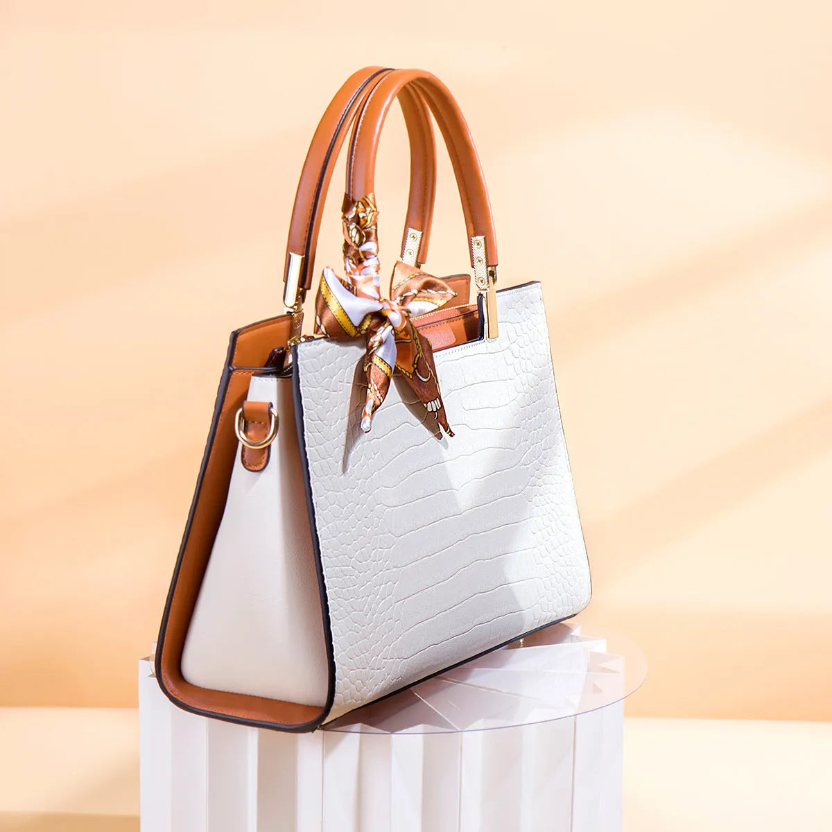 Women's Milky White PU shoulder handbag with horizontal square shape and multiple internal pockets