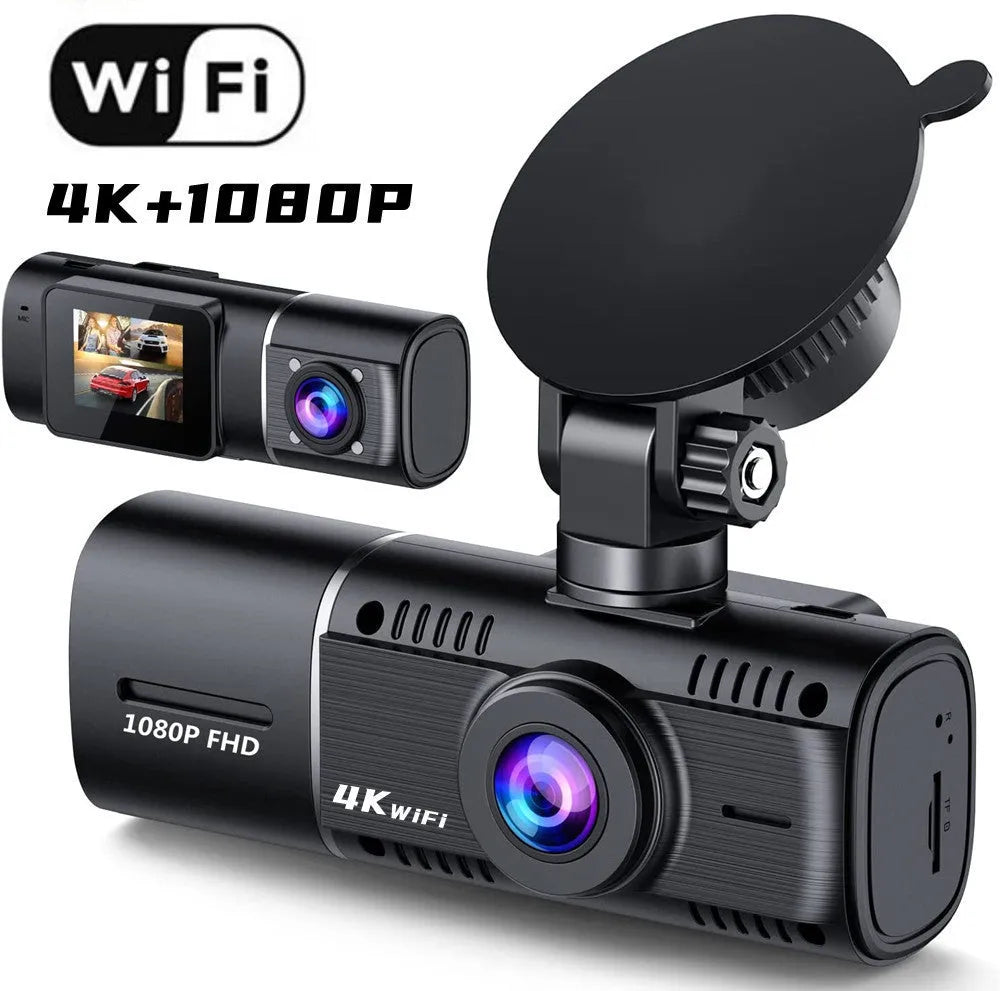 Black dashcam car camera with wide-angle lens, 1.5-inch screen, and mounting stand