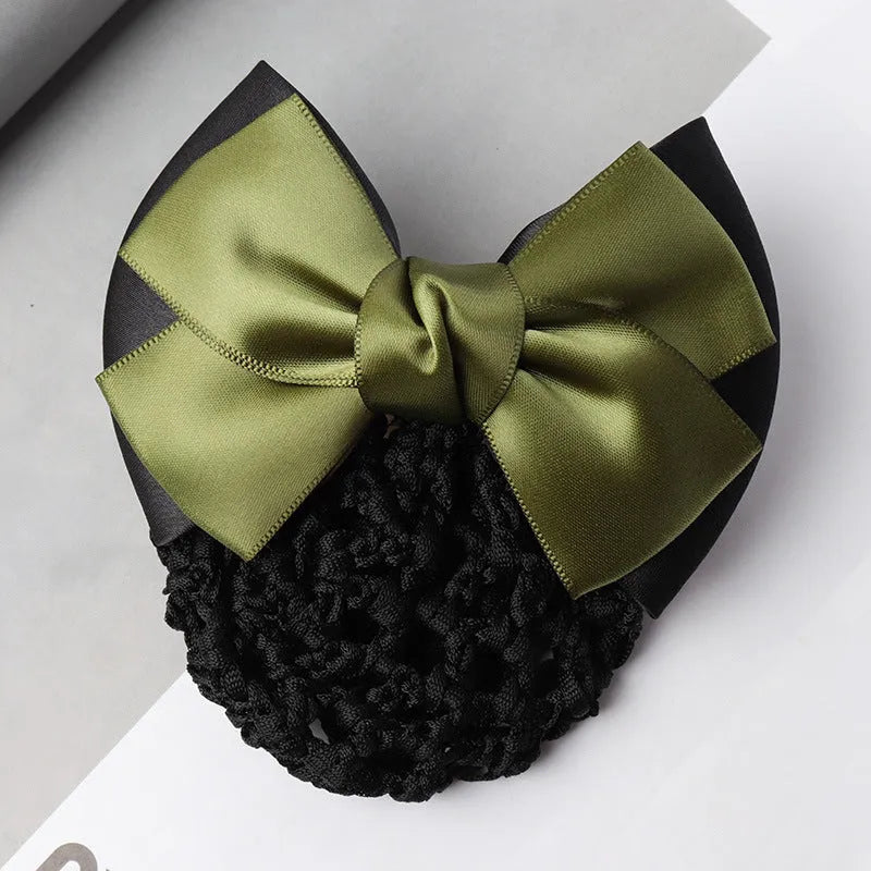 Professional waitress hair net with double bow clip in various colours including black, red, and blue mesh