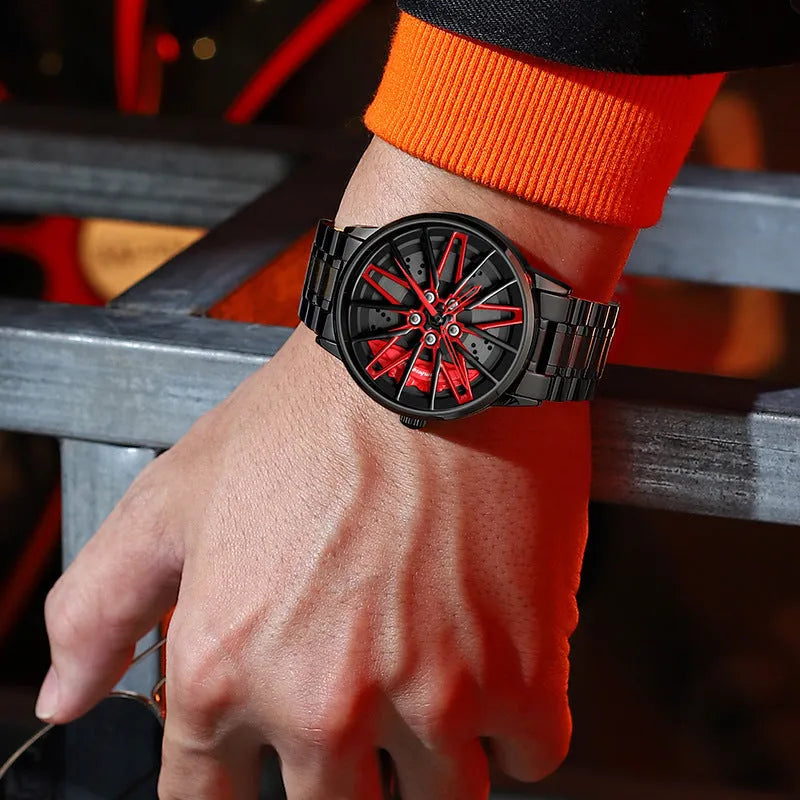 Three-dimensional hollow forged men's quartz watch with all-black rotating bezel and red steel belt on wrist