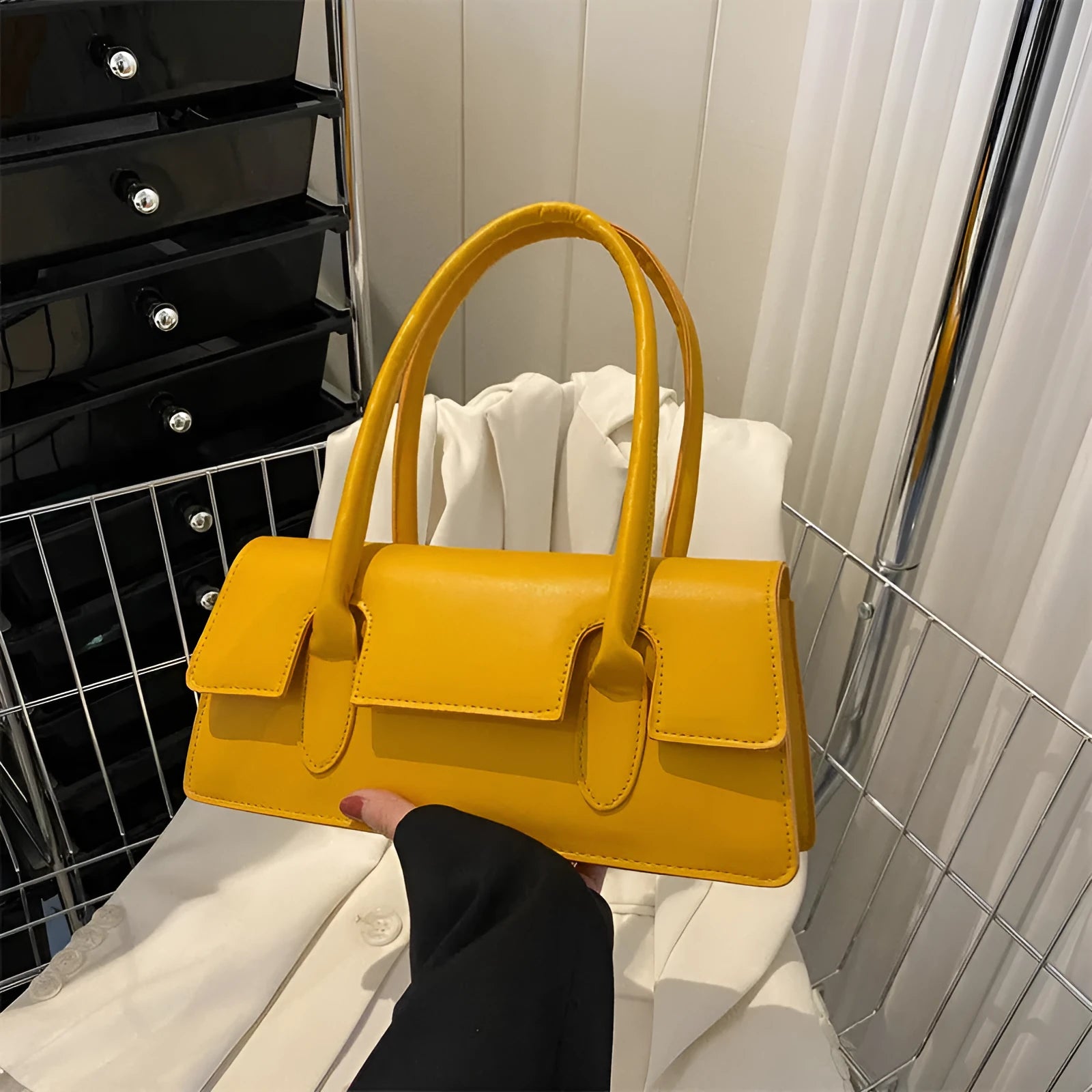 Women's small square shoulder bag in PU leather with retro stitching detail