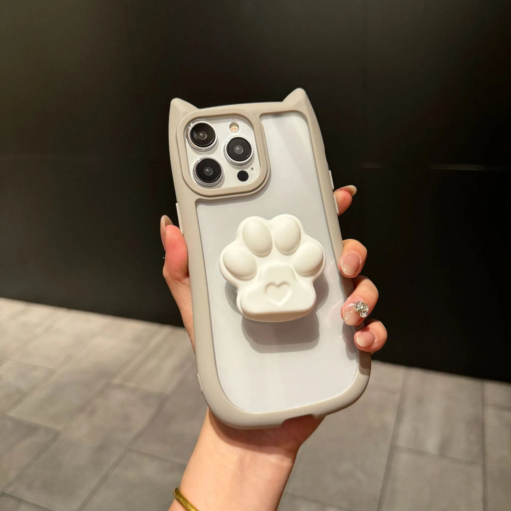 Cute three-dimensional cat ears transparent PC phone case for iPhone 11 12 13 14 15 16 Pro Max Plus; blue colour variant on display
