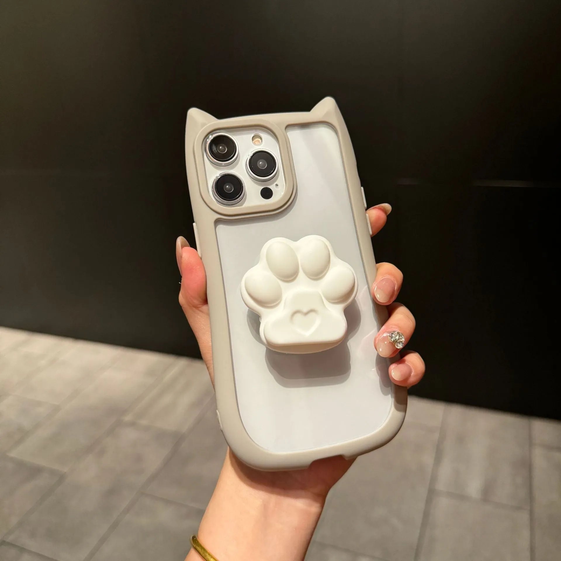 Cute three-dimensional cat ears transparent PC phone case for iPhone 11 12 13 14 15 16 Pro Max Plus; blue colour variant on display