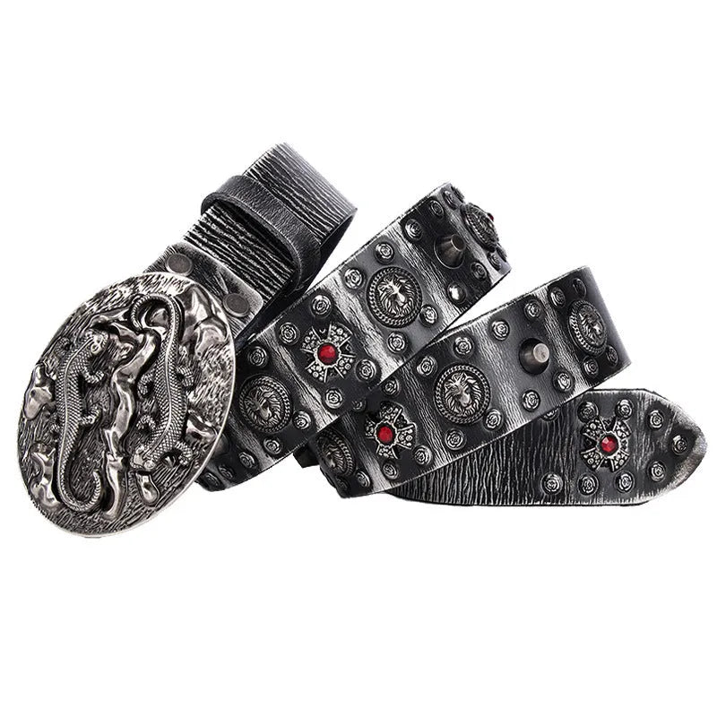 Men's black leather belt with punk-style alloy buckle featuring rivet details, laid flat showing length.