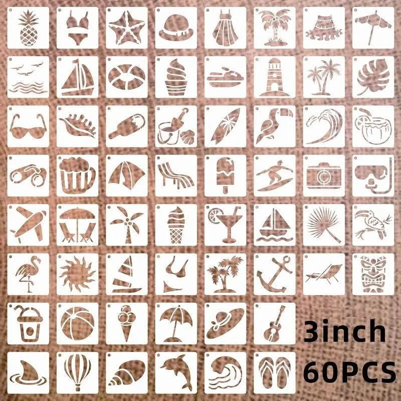 Milky white PET film craft stencils showing hollow cut-out designs of animals, flowers, letters, and ocean themes.