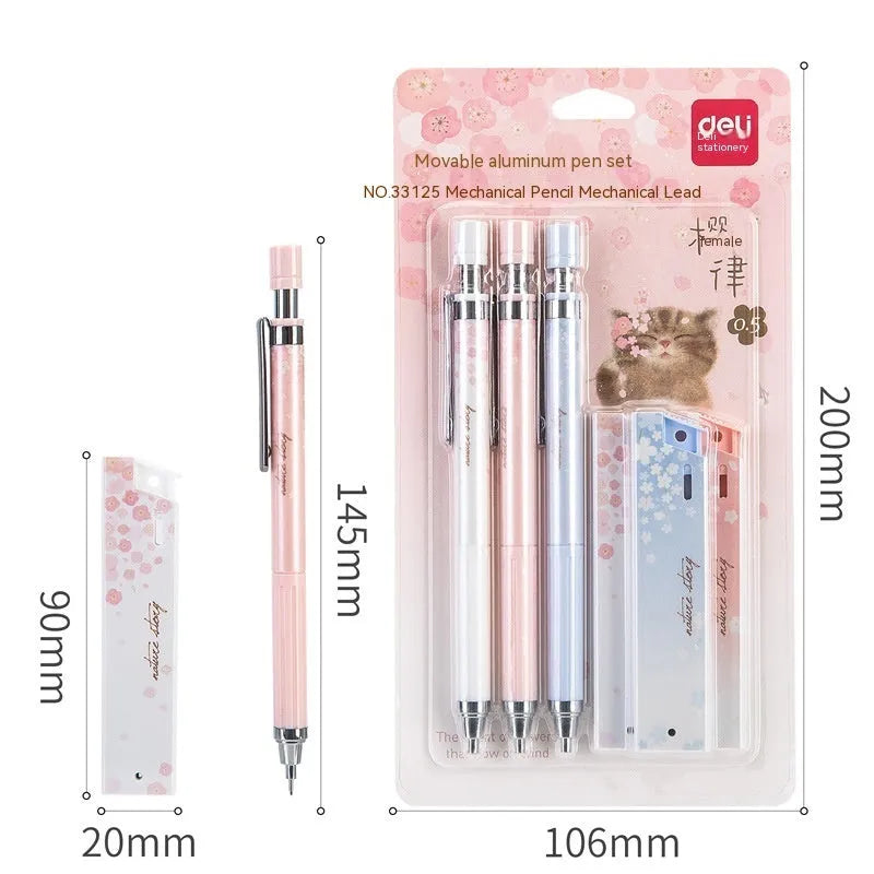 Sakura-themed automatic mechanical pencil set with three 0.5mm pencils and refill boxes