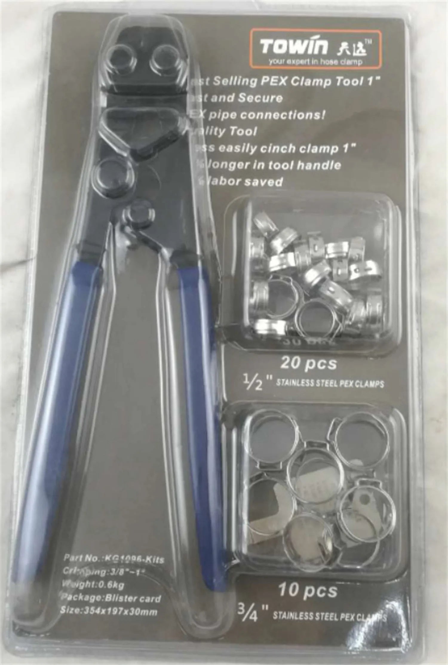 Red cloth packaged PEX clamp set with single ear metal clamps and carbon steel cutting edges