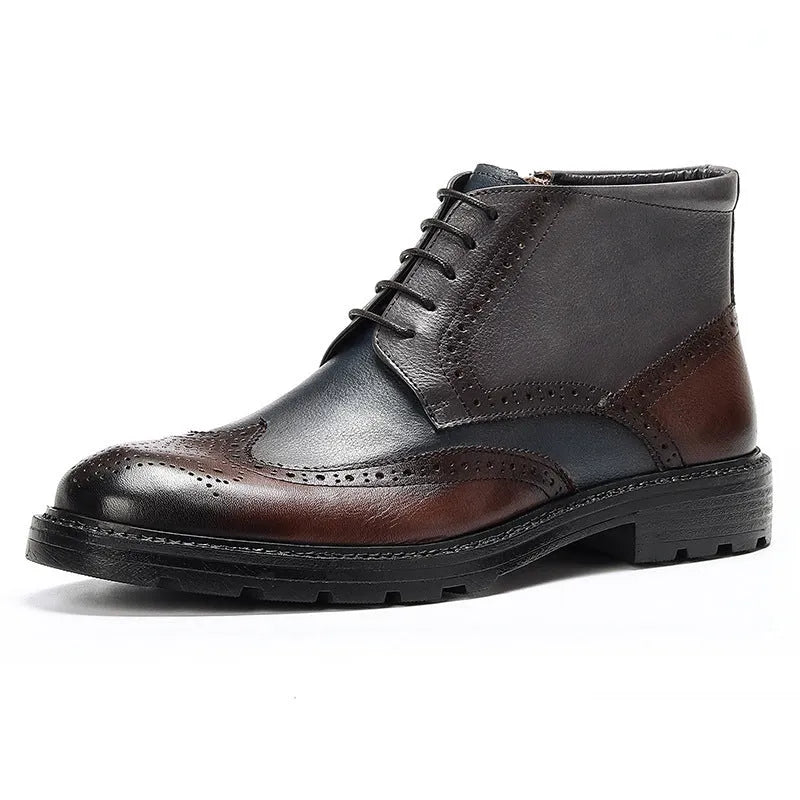 Men's curry blue leather brogue boots with carved detailing and colour blocking