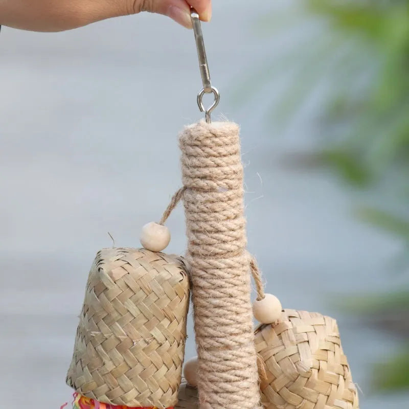 Colourful shredded paper bird chewing toy made from natural wood and sisal rope for parrots