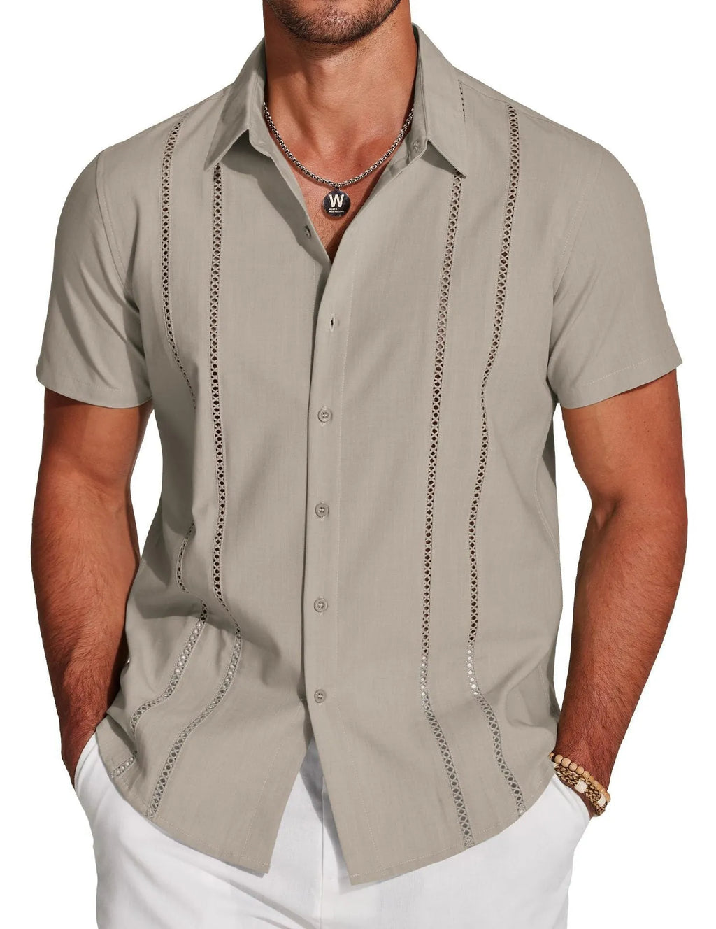 Men's slim fit short sleeve Hawaiian shirt with digital print pattern in elastic polyester fabric