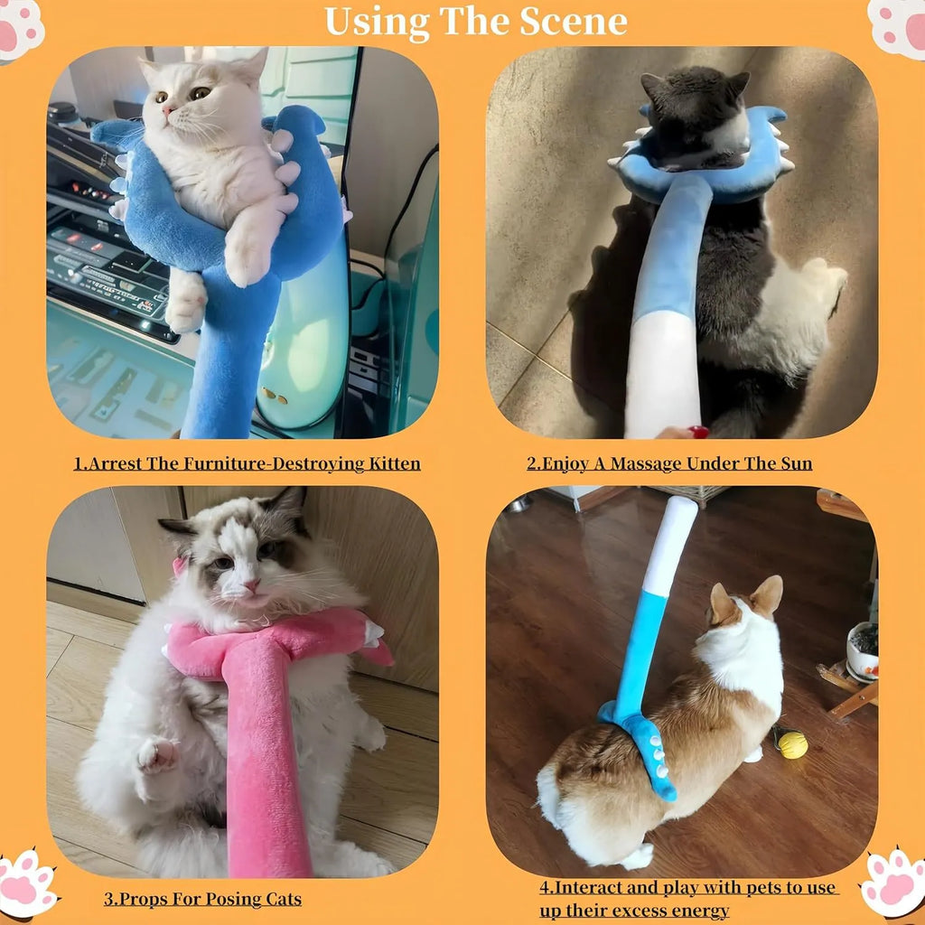 Blue or pink plush cat wand toy measuring 70cm long for interactive pet play
