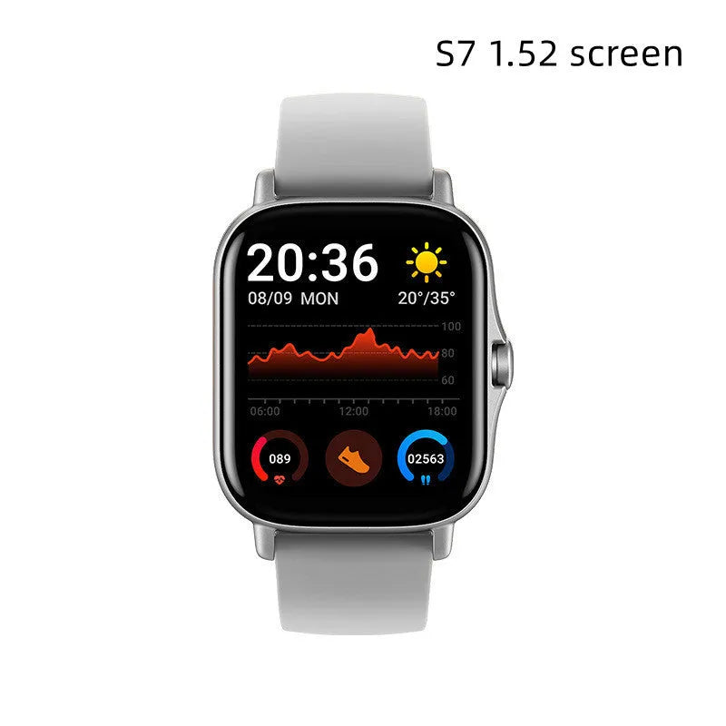 GT20 black alloy smartwatch with silicone strap showing heart rate monitoring on screen