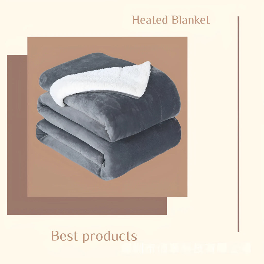 Grey and white USB electric heating blanket with intelligent temperature control on a sofa.