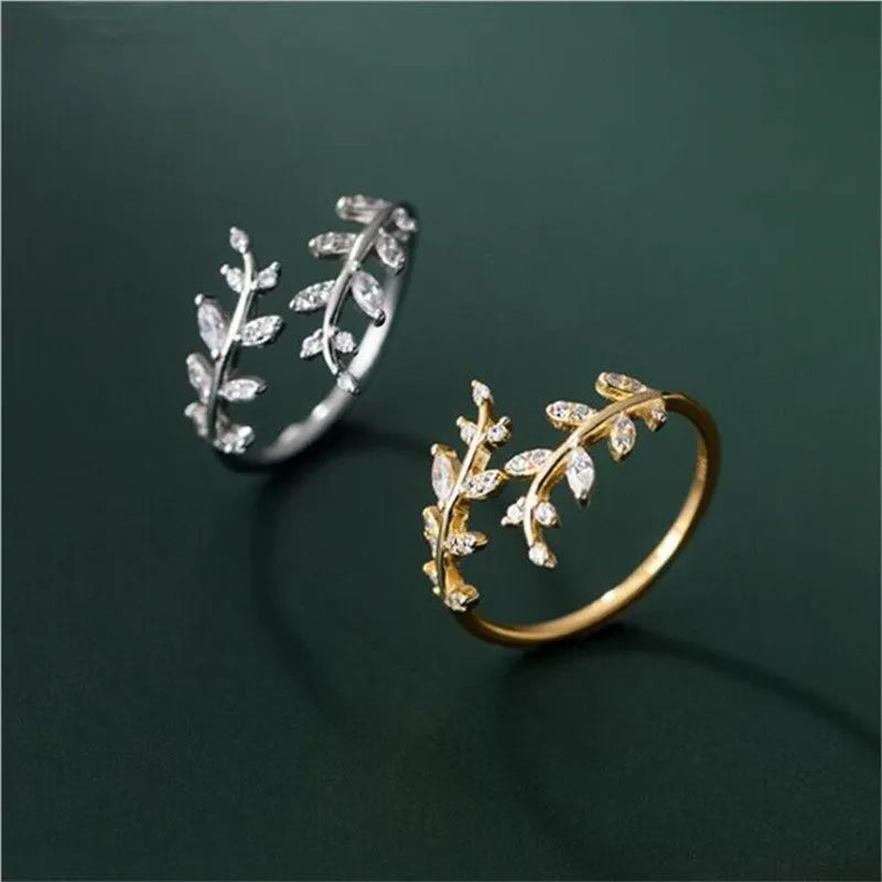Women's copper branch ring with leaf design in silver or gold electroplated finish