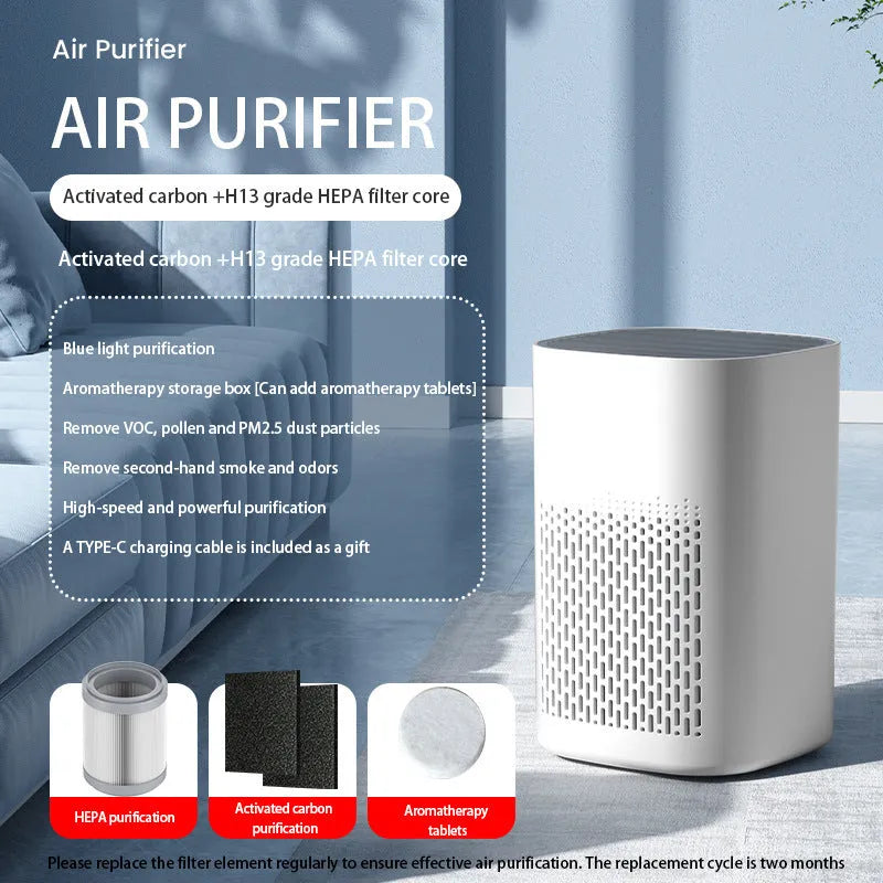 Simple style desktop air purifier with USB port for small room odour and smoke removal.