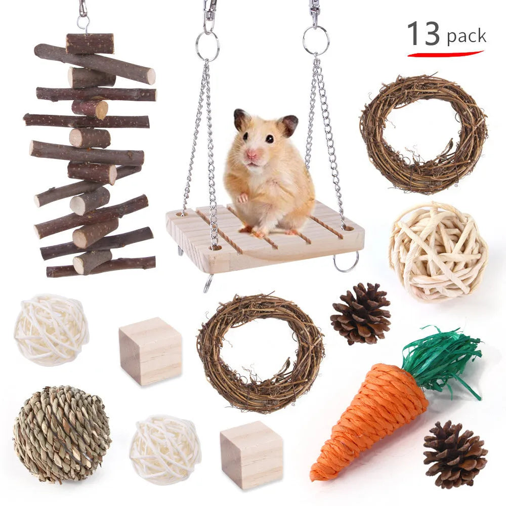 Assortment of wooden pet toys for rabbits guinea pigs and parrots in a set
