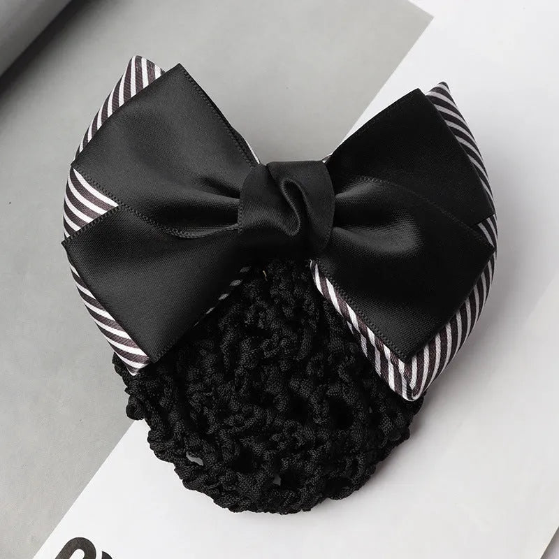 Professional waitress hair net with double bow clip in various colours including black, red, and blue mesh